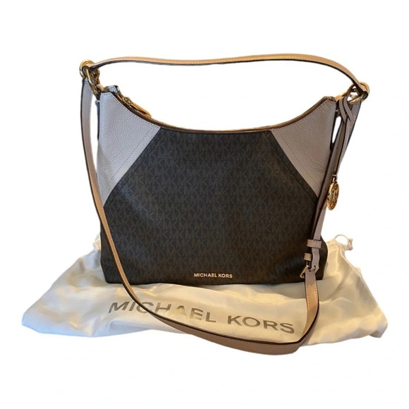 Michael Kors Aria Large Shoulder Hobo MK Signature Brown/soft Pink - Picture 1 of 10